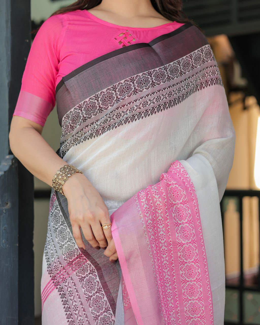 White Linen Cotton Saree, Pink Woven Border, Traditional Festive Wear, Designer Blouse Piece