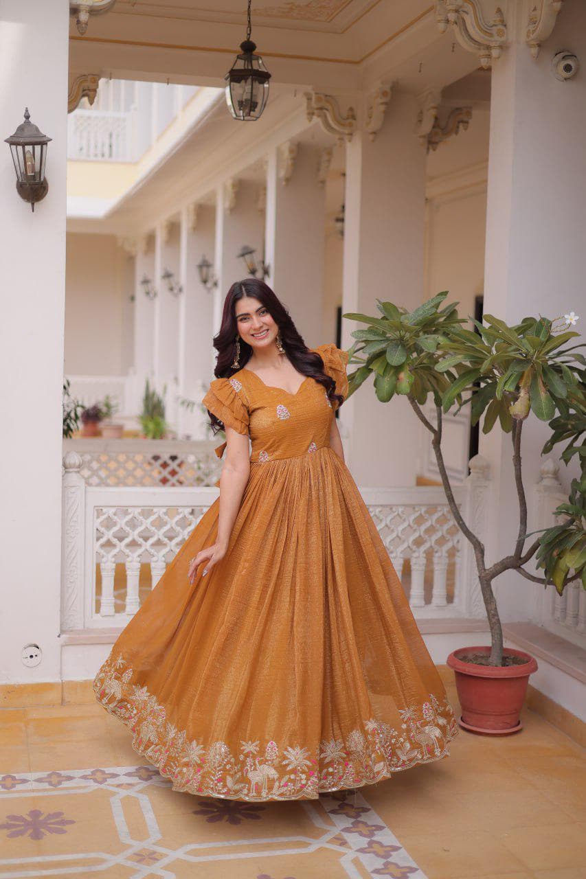 Silver Embroidered Gown, Frill Sleeve Ethnic Party Dress, Flared Anarkali Gown