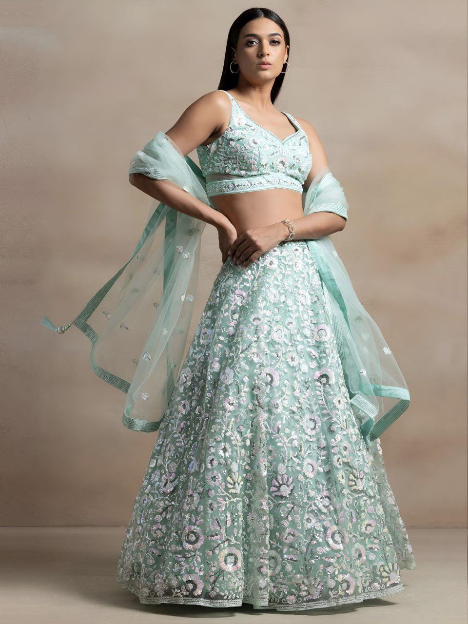Aqua Blue Floral Embroidered Net Lehenga Choli Set | Semi-Stitched Wedding Outfit