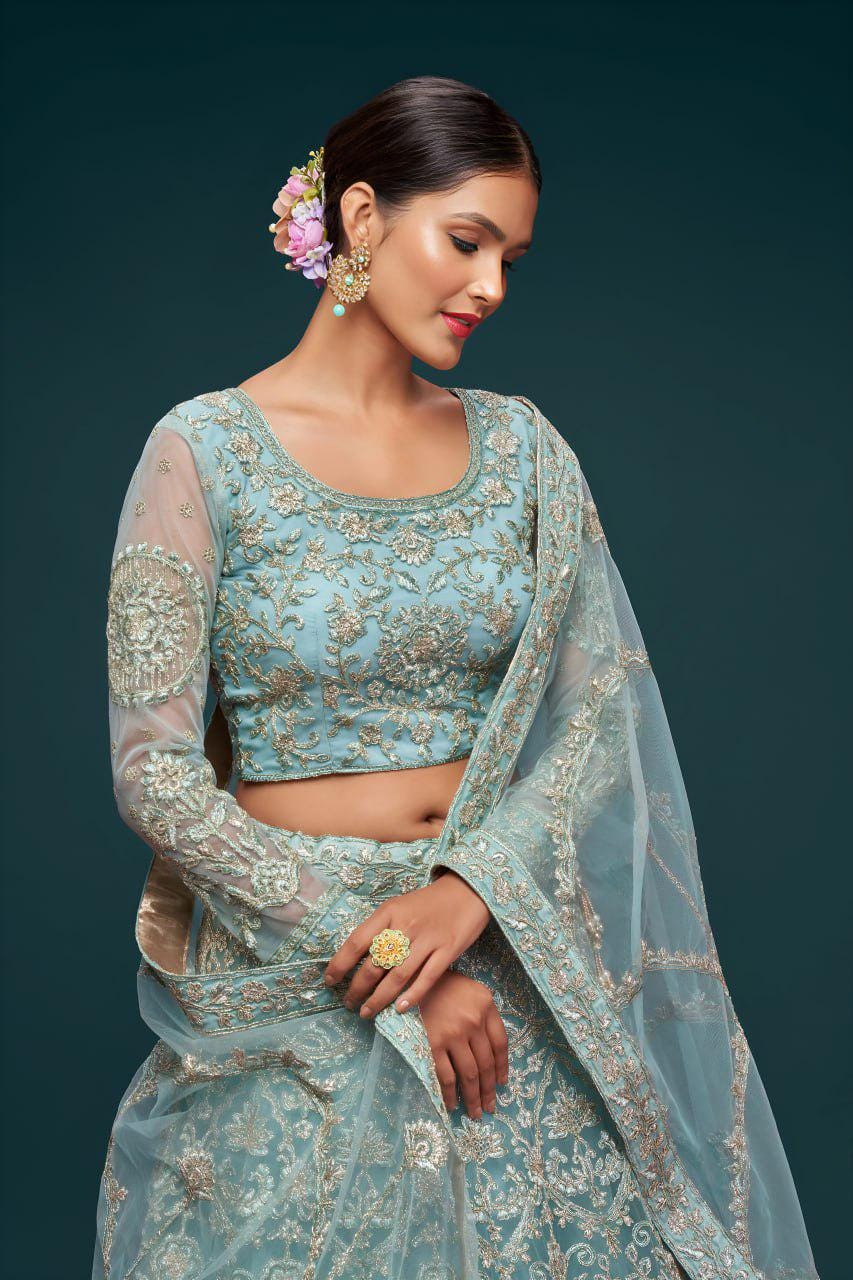 Aqua Blue Net Lehenga Choli Set, Zari Badla Glitter Dori Embroidery, Semi-Stitched Wedding Dupatta
