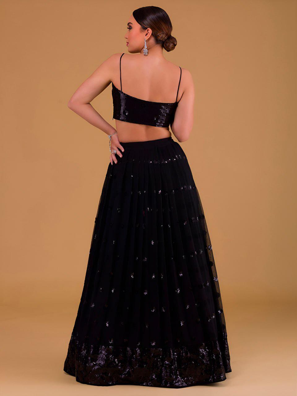 Black Heavy Georgette Lehenga Choli Set | Sequins Embroidered Wedding Outfit