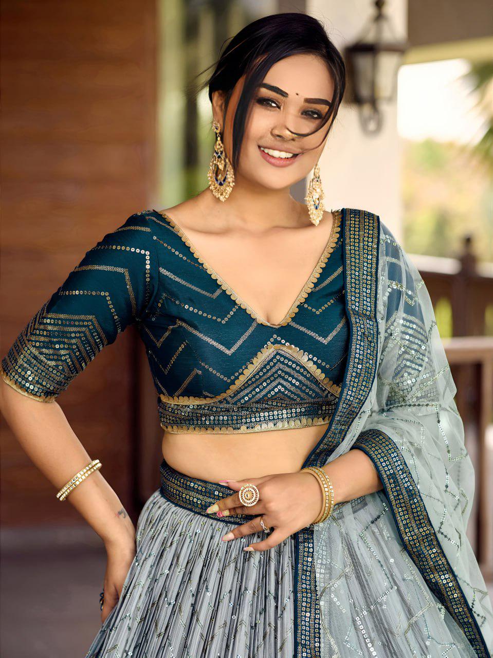 Teal Chinnon Lehenga Choli Set | Embroidered Wedding A-Line Lehenga with Net Dupatta