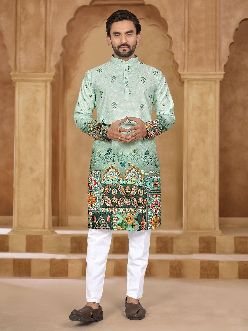 Men's Rayon Kurta Pyjama Set, Embroidered Print, Festive Party Wear