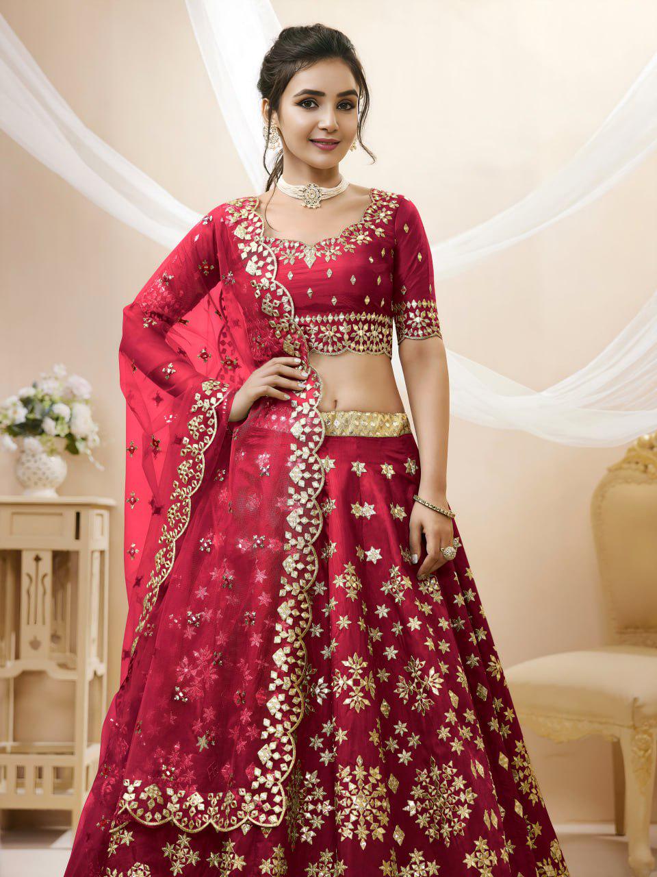 Deep Red Art Silk Lehenga Choli Set, Foil Zari Sequins Embroidery, Semi-Stitched Dupatta