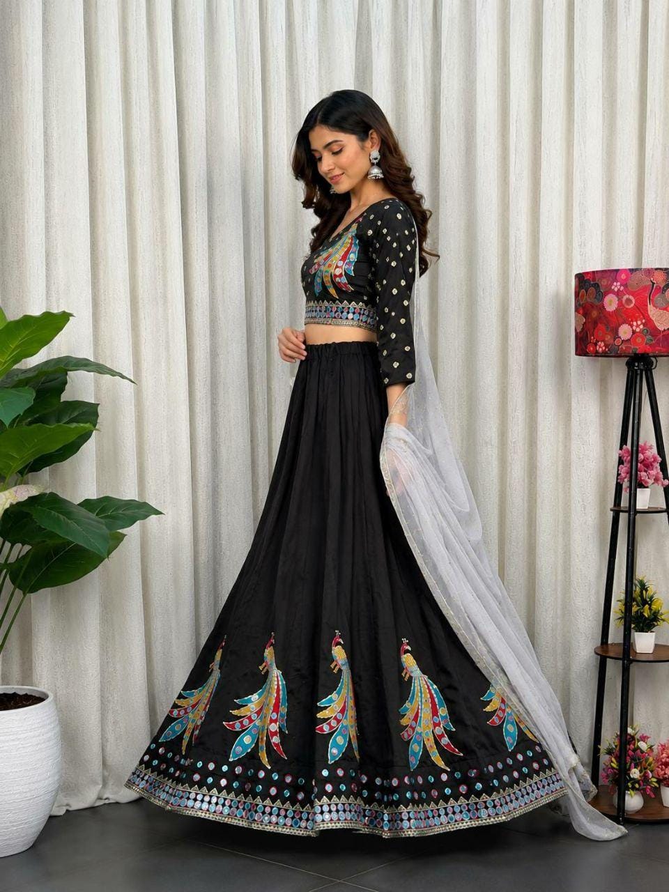 Embroidered Roman Silk Lehenga Choli Set | Peacock Sequin Work Wedding Outfit