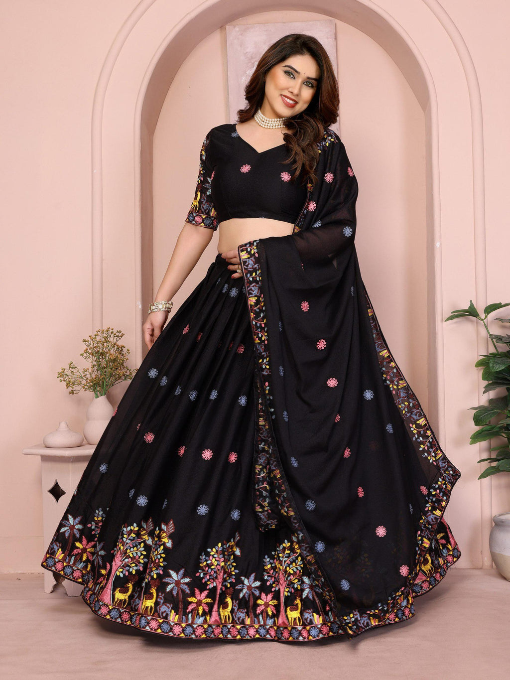 Embroidered Star Georgette Lehenga Choli Set | Indian Wedding Wear, Bridal Festive (2 Colours)