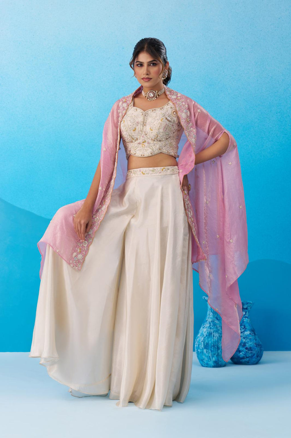 Cream Viscose Crop Top Palazzo Set with Pink Cape, Beads Embroidery Festive Co-Ord