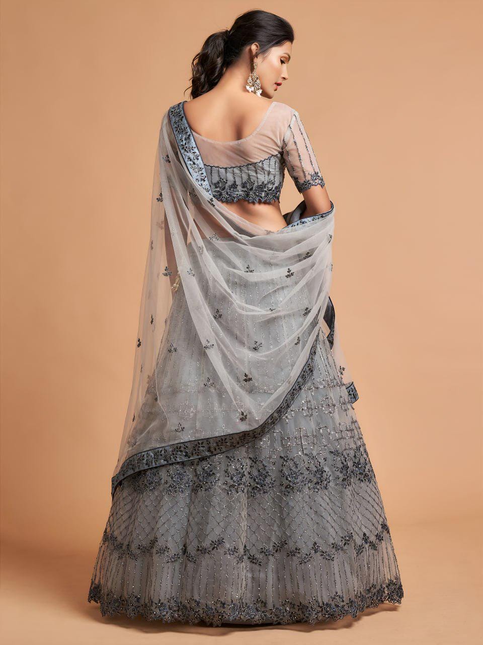 Grey Net Lehenga Choli | Zari Sequin Embroidery, A-Line Bridal Wear