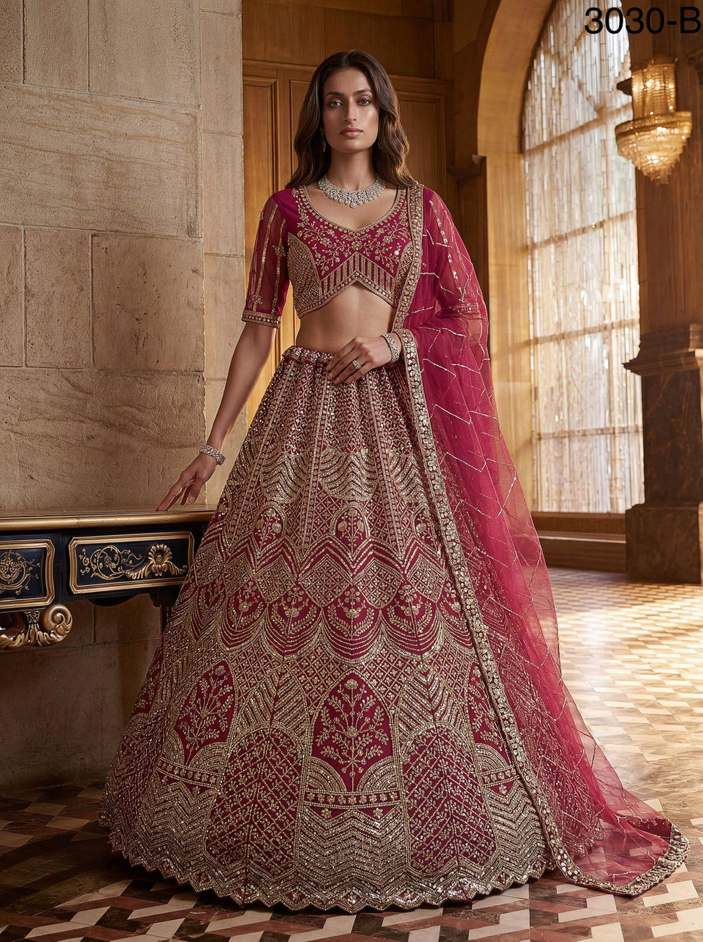Designer Bridal Net Lehenga Choli, Crystal Sequin Motif Work, Wedding Wear Set