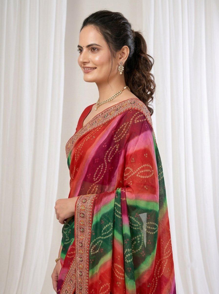 Digital Print Georgette Saree | Embroidered Lace Border, Silk Blouse (Digital Download)