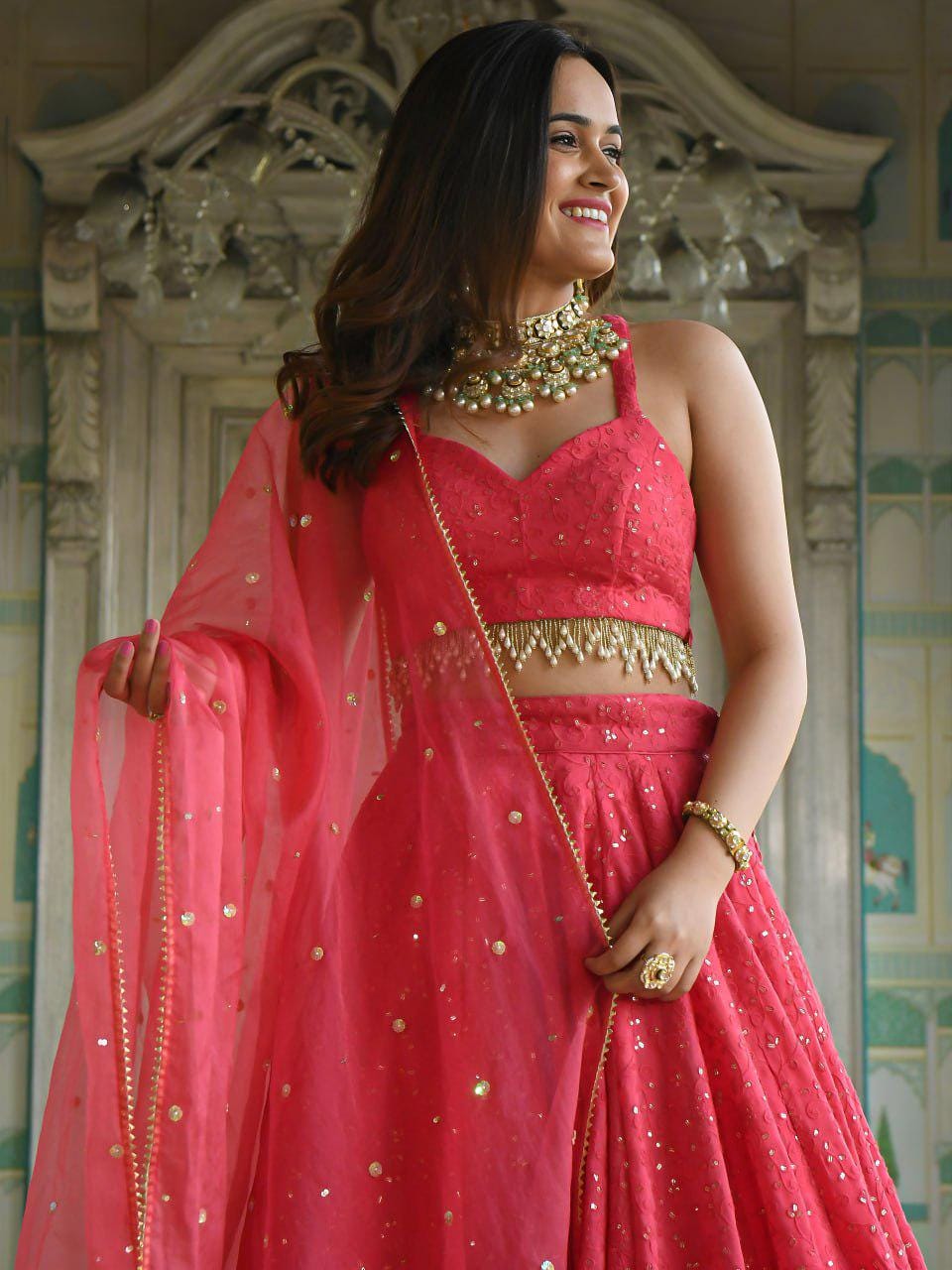 Coral Pink Georgette Lehenga Choli Set | Thread Sequins Embroidered Dupatta