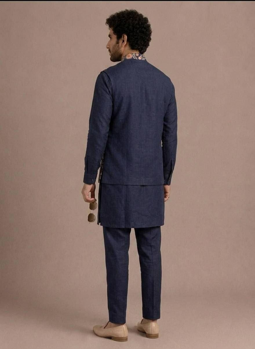 Men's Roman Silk Kurta Pant Set with Embroidered Koti | Festive Ethnic Outfit