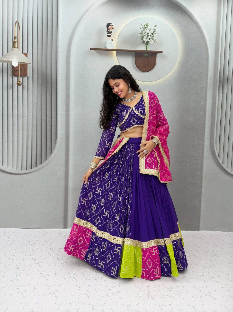 Embroidered Fox Georgette Lehenga Choli Set | 6 Meter Flare, Mirror Lace, Navratri Garba Outfit