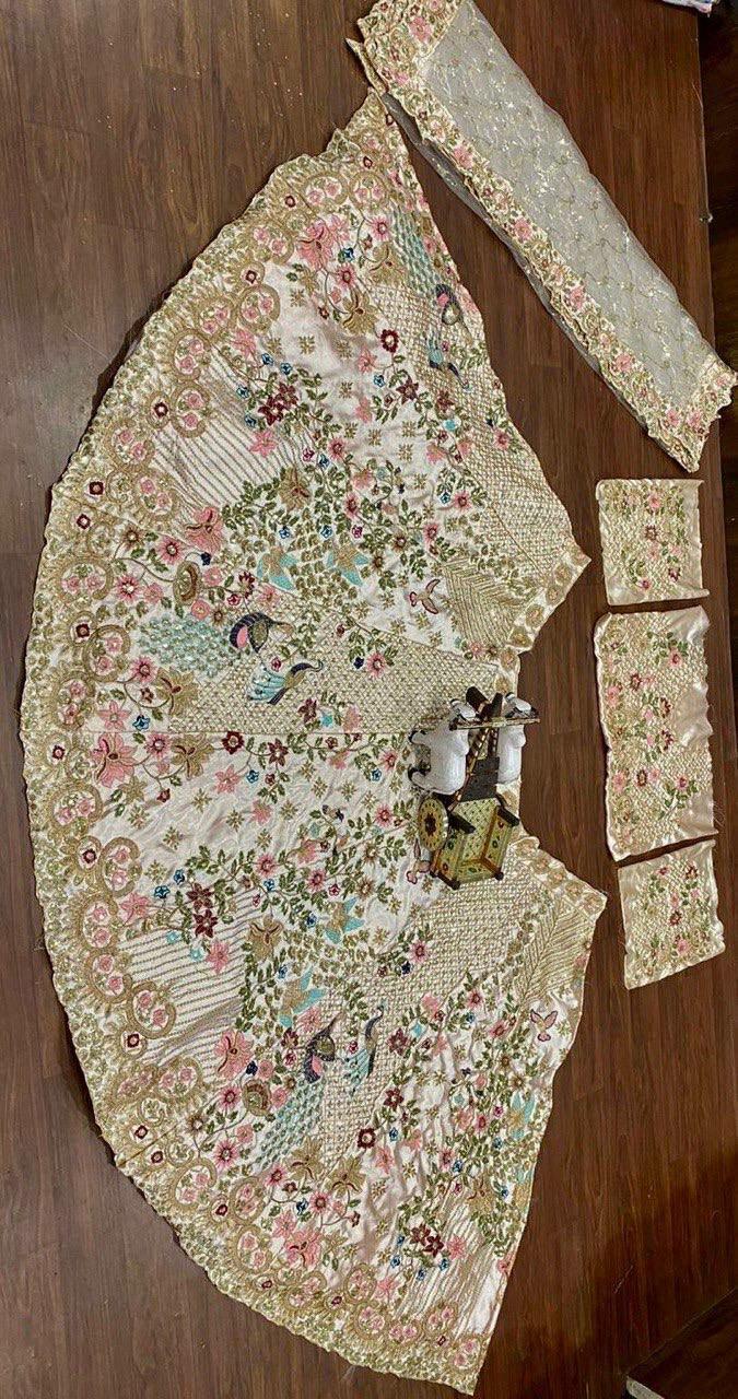 Japan Satin Silk Lehenga Choli, Sequins Embroidery, Semi Stitched Wedding Set (Net Dupatta)