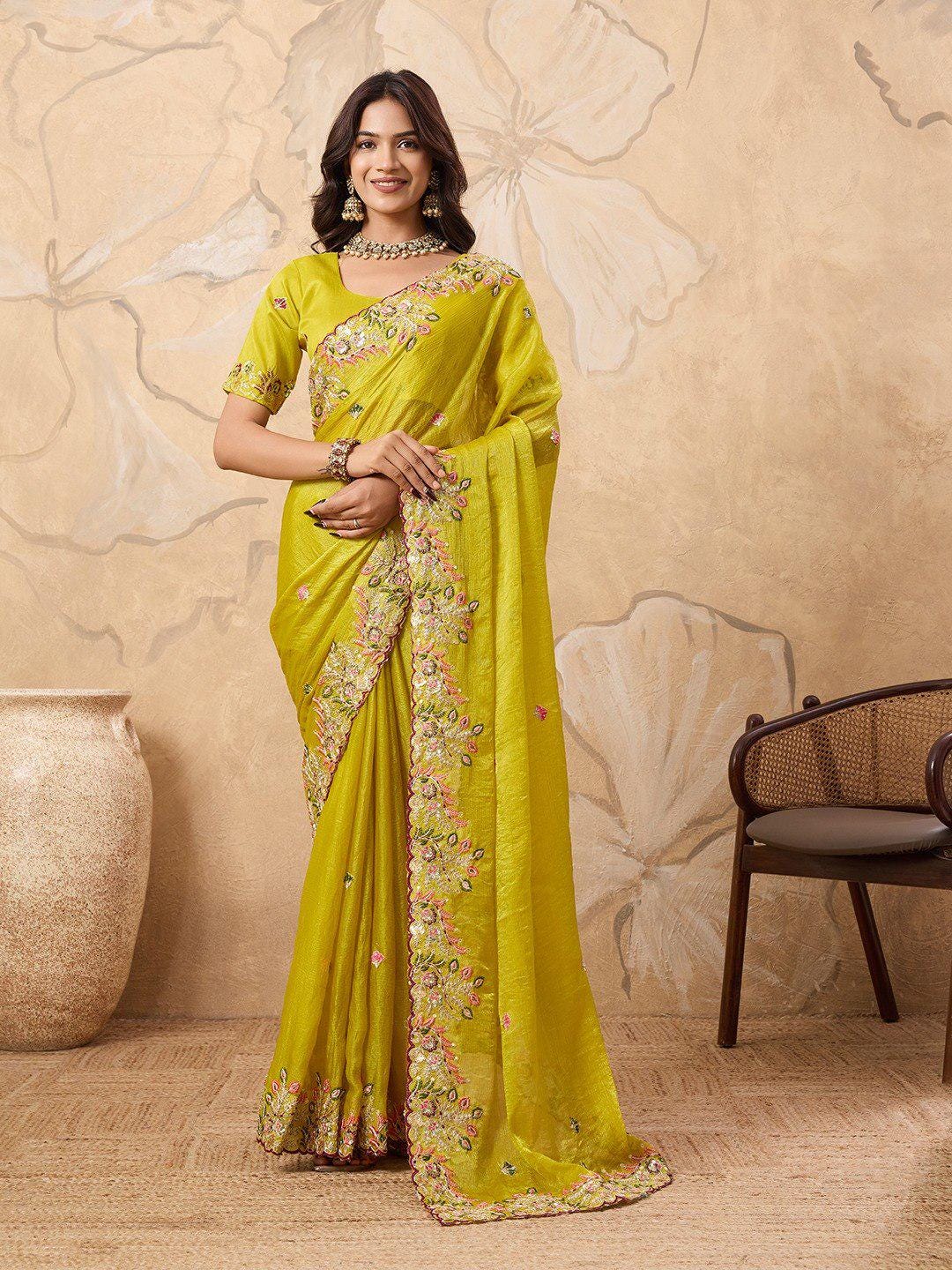 Soft Fendy Chiffon Saree with Embroidered Cutwork Border | Designer Wedding Party Wear Blouse