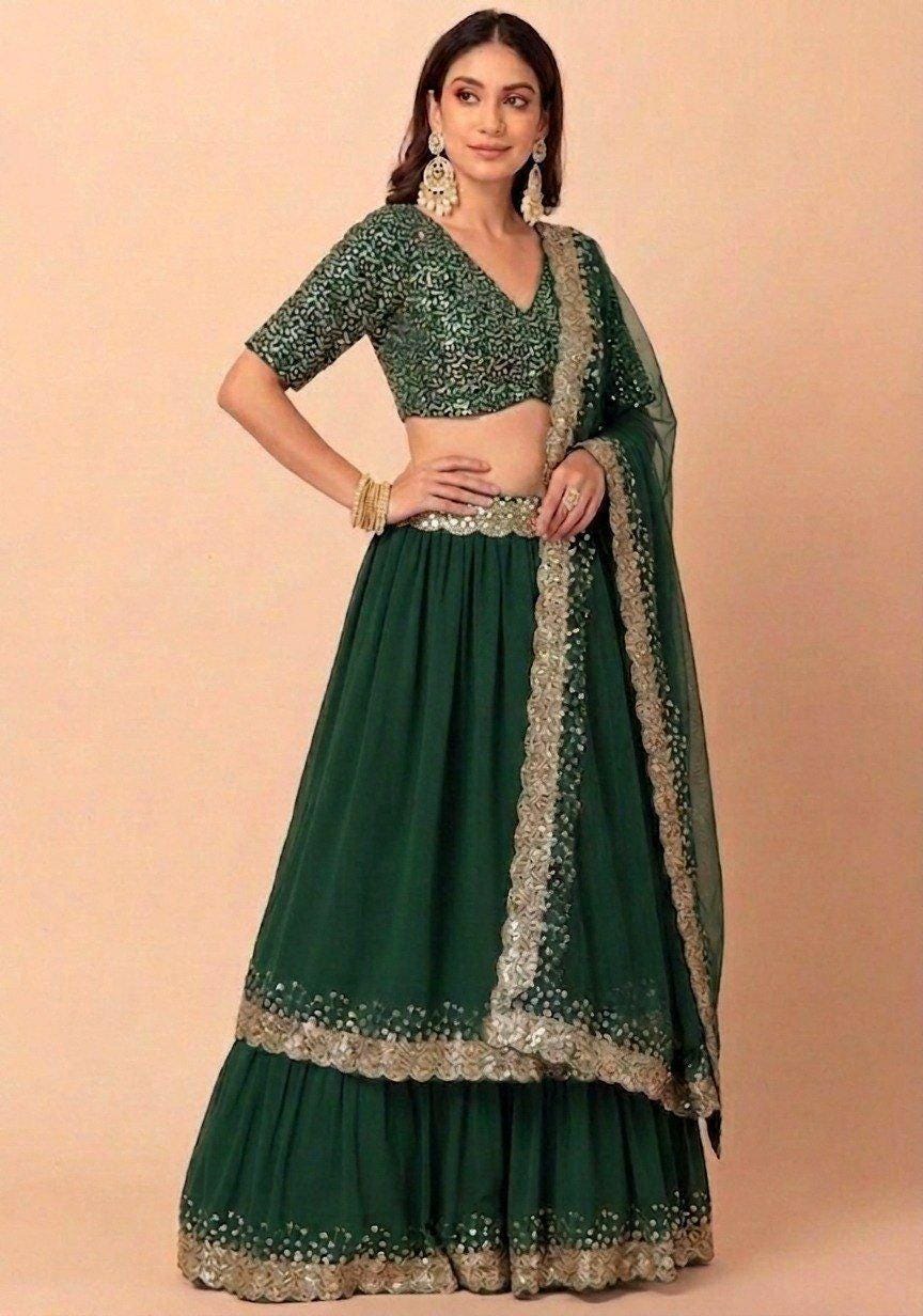 Emerald Georgette Lehenga Choli Set, Zari Sequin Embroidery, Wedding Party Wear