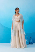 Cream Viscose Crop Top Palazzo Set with Pink Cape, Beads Embroidery Festive Co-Ord