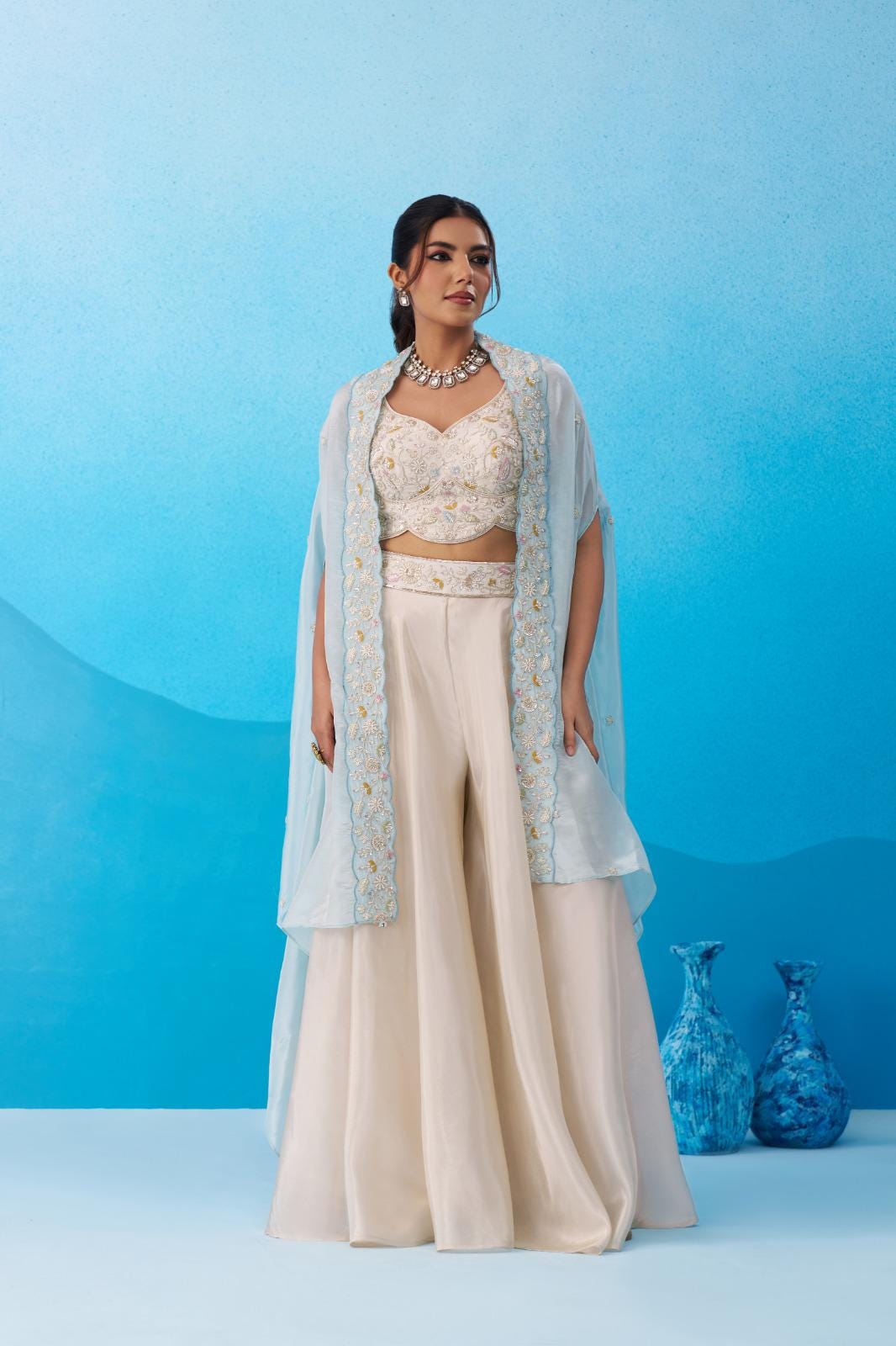 Cream Viscose Crop Top Palazzo Set with Pink Cape, Beads Embroidery Festive Co-Ord