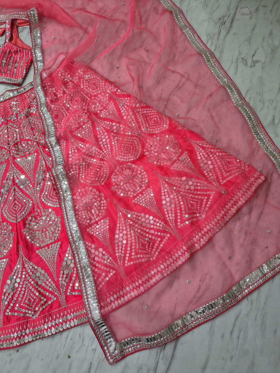 Malai Satin Lehenga Choli Set | Mirror, Sequins, Foil Embroidery | Bridal Outfit (Semi-Stitched)