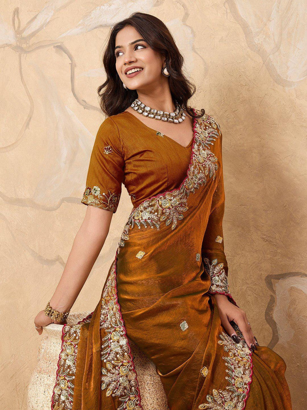 Soft Fendy Chiffon Saree with Embroidered Cutwork Border | Designer Wedding Party Wear Blouse