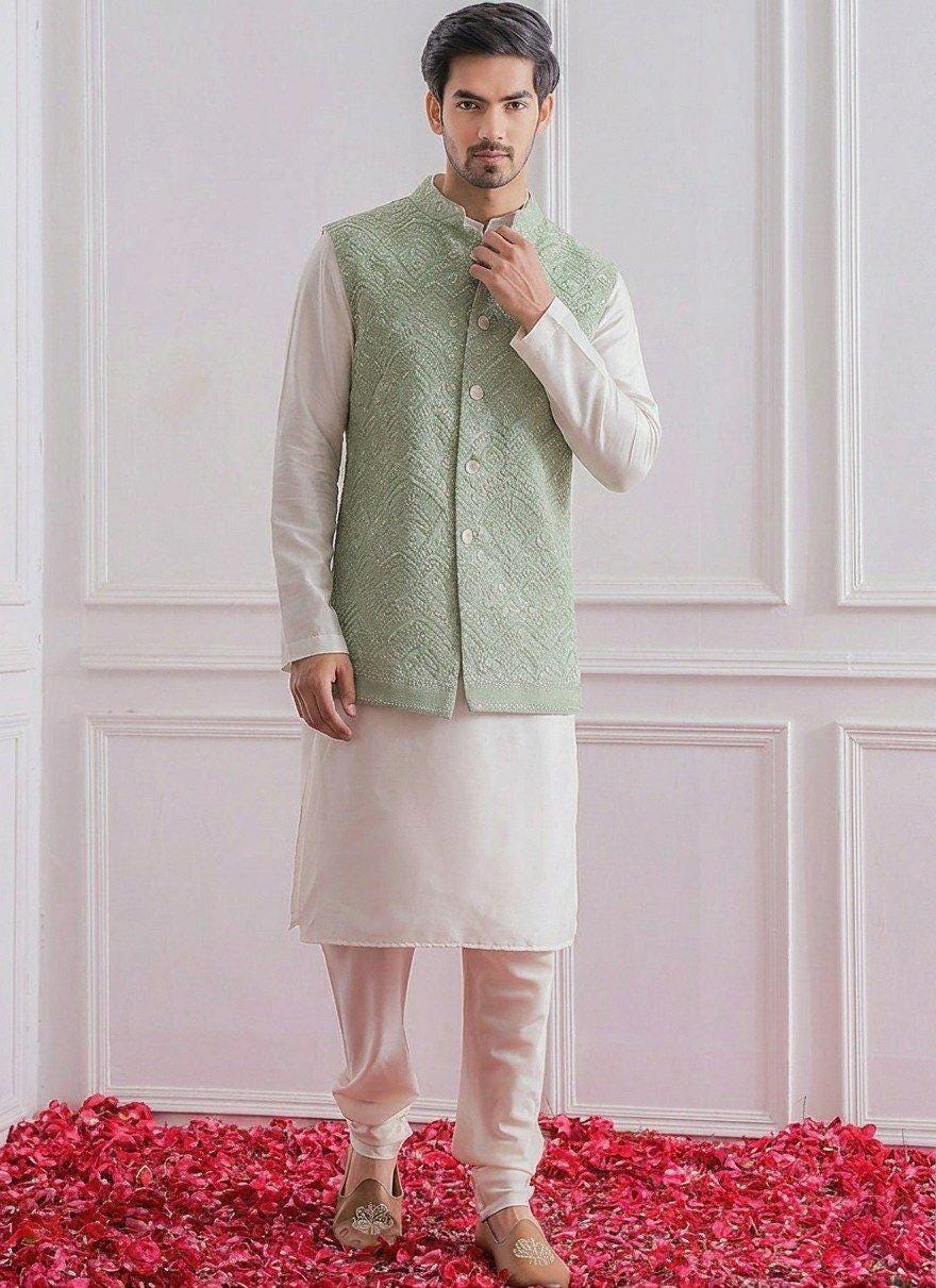 Men's Roman Silk Kurta Pajama Set with Embroidered Koti, Festive Ethnic Wear
