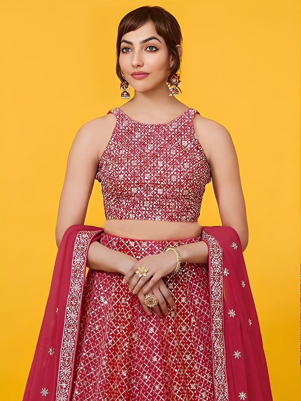 Crimson Red Georgette Lehenga Choli Set | Zari Sequins Embroidered Bridal Outfit Net Dupatta