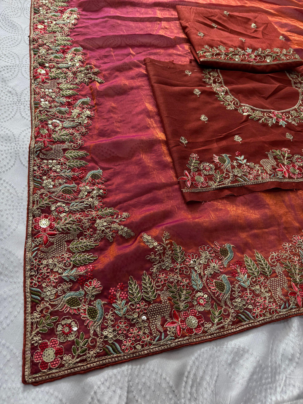 Fendy Satin Silk Saree with C-Pallu Embroidery | Designer Wedding Wear Blouse Piece