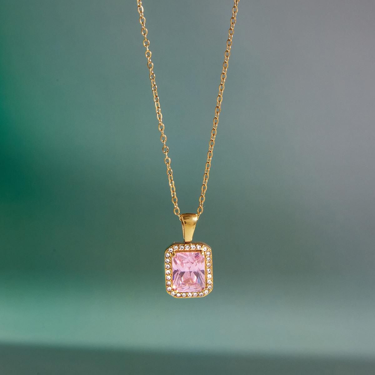 Gold Tone Emerald Cut Pink Crystal Halo Pendant Necklace, Dainty Minimalist Jewelry
