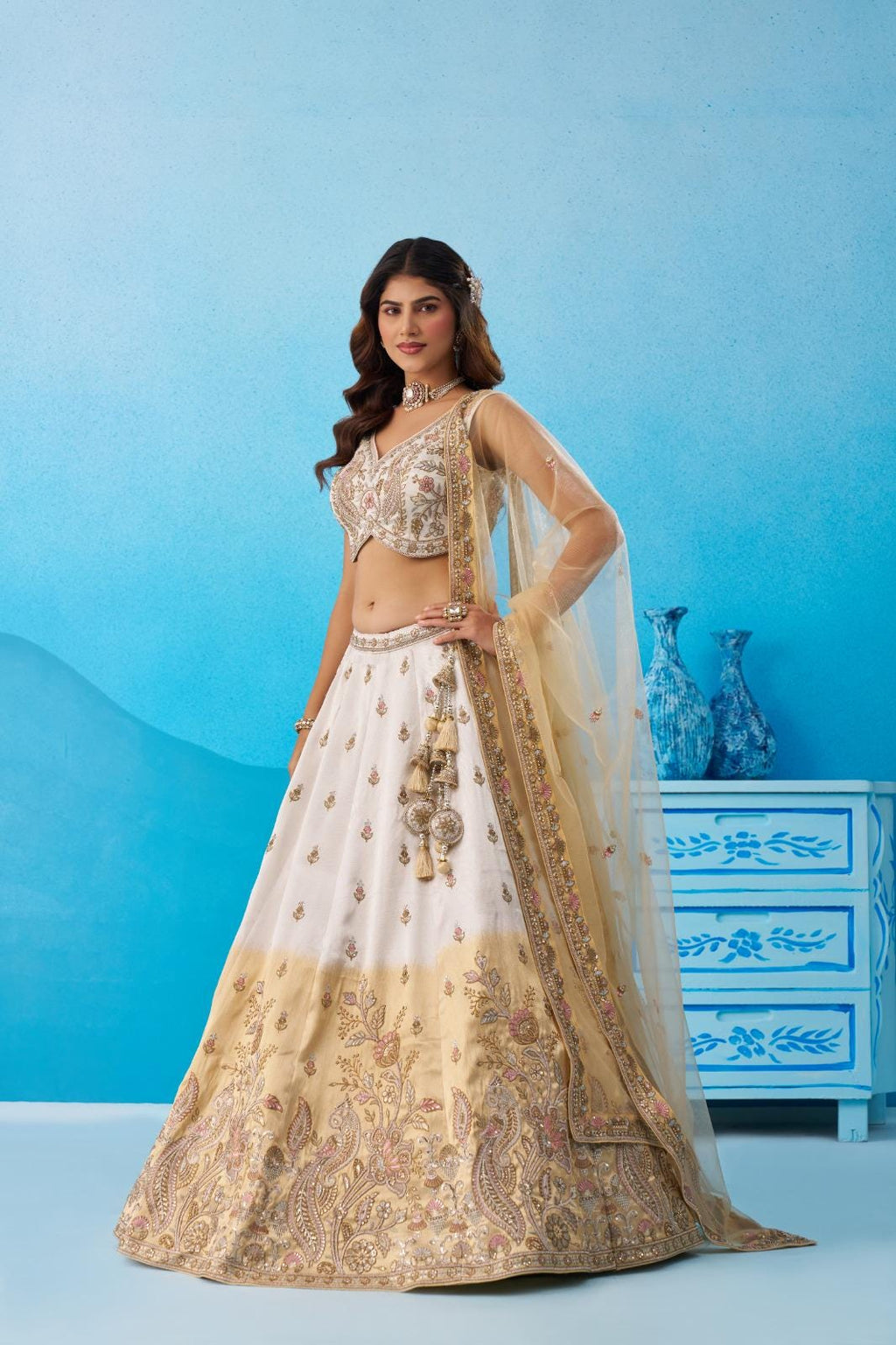 Ombre Beige Cream Tissue Lehenga Choli, Sequins Embroidered Indian Wedding Outfit