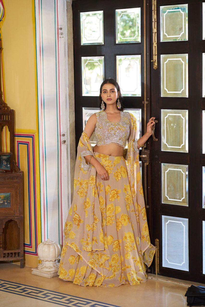 Embroidered Georgette Lehenga Choli Set with Cape Dupatta & Batwa Bag