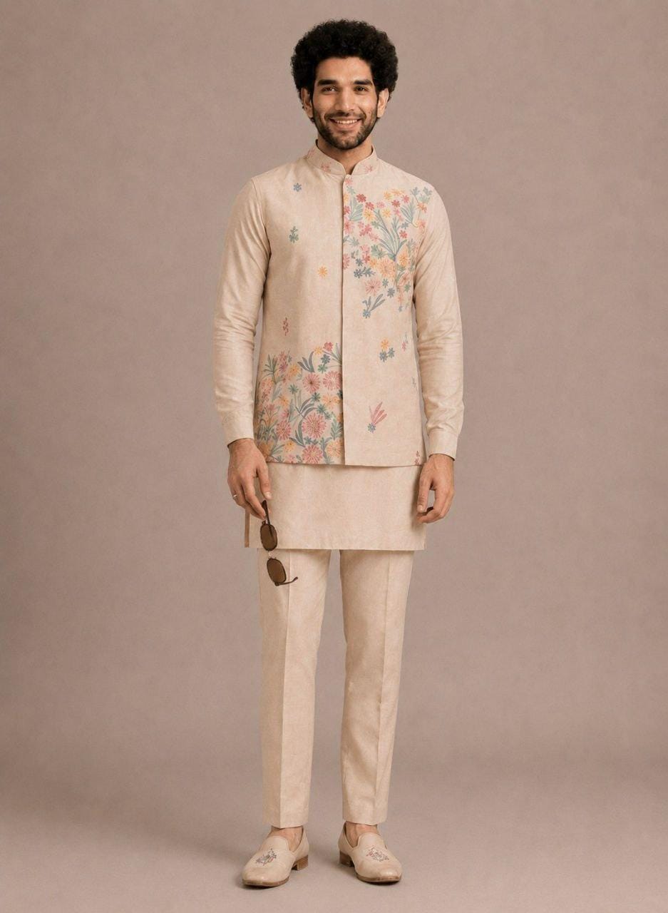 Men's Roman Silk Kurta Pant Set with Embroidered Koti | Festive Ethnic Outfit