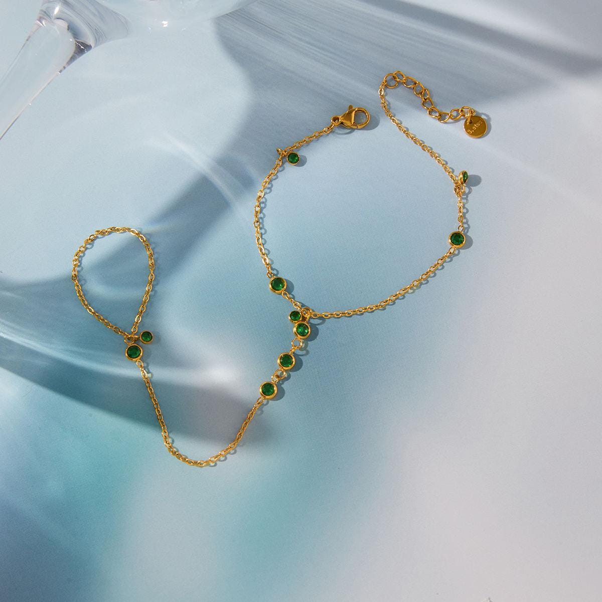 Gold Hand Chain Bracelet Ring for Women, Green Crystal Slave Bracelet, Finger Bracelet Ring Chain, Boho Hand Jewelry Gift for Her