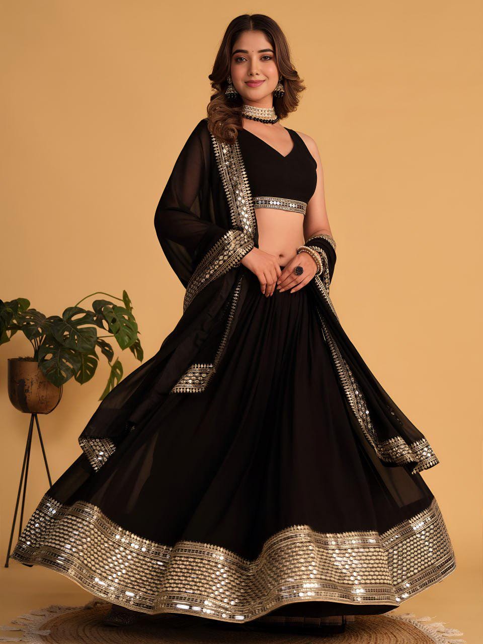 Black Georgette Lehenga Choli Set | Zari Sequins Embroidered Party Wear Wedding Outfit