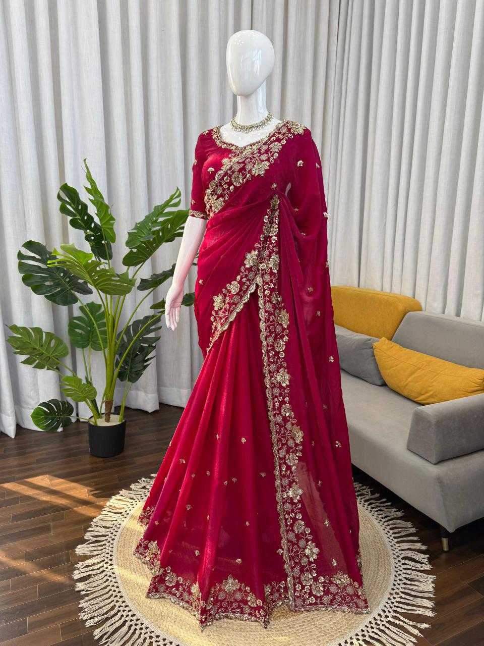 Luxury Fendy Silk Saree with Heavy Bead & Sequin Embroidery