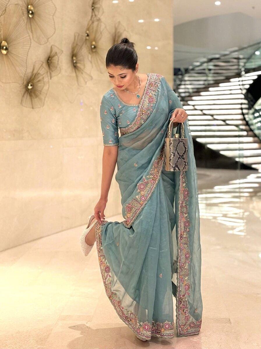 Soft Tissue Chiffon Silk Saree | Zarkan Embroidered Cutwork Border, Designer Wedding, Mono Silk Blouse