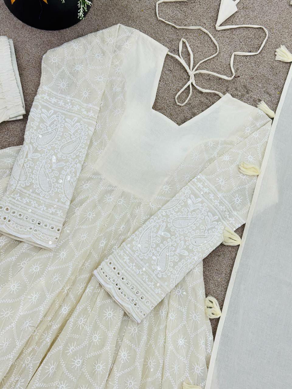 Pure Kora Cotton Anarkali Gown Set, Schiffli Embroidery, Festive Indian Outfit