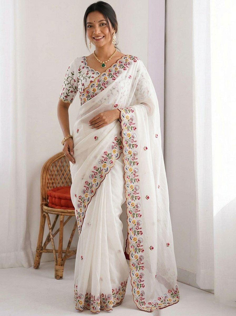 Embroidered Crush Silk Saree with Cutwork Border | Designer Wedding Party Wear Blouse Piece
