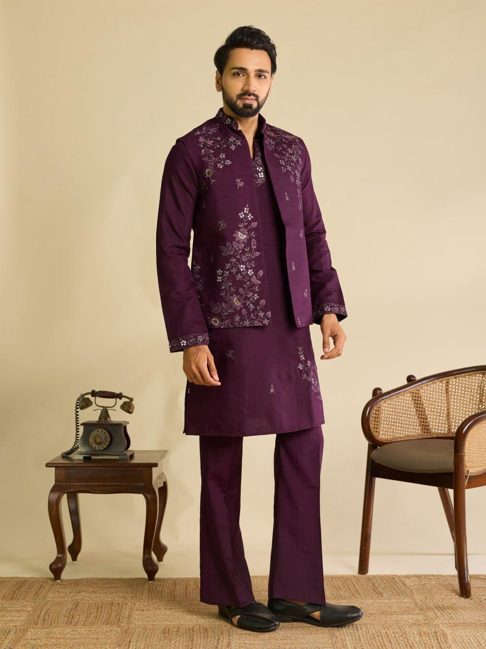 Art Silk Kurta Koti Pant Set | Mirror Work Embroidery Festive Wear