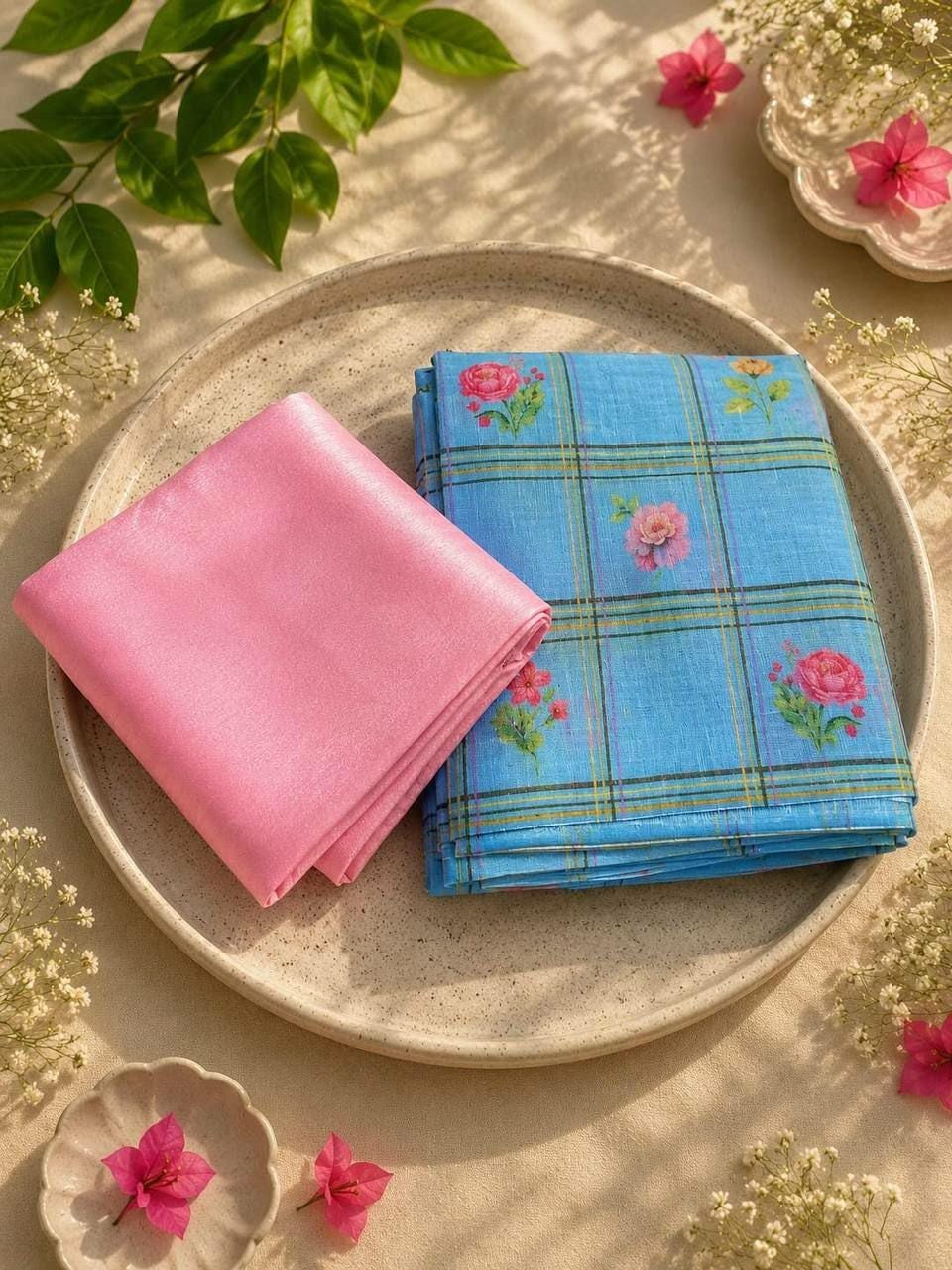 Soft Linen Digital Printed Saree | Checks Floral Dasty Print, Baby Pink Blouse