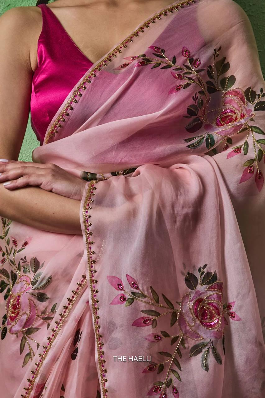 Soft Tabby Floral Sparrow Print Lehenga Choli | Handwork Cutdana Indian Wedding Festive Wear