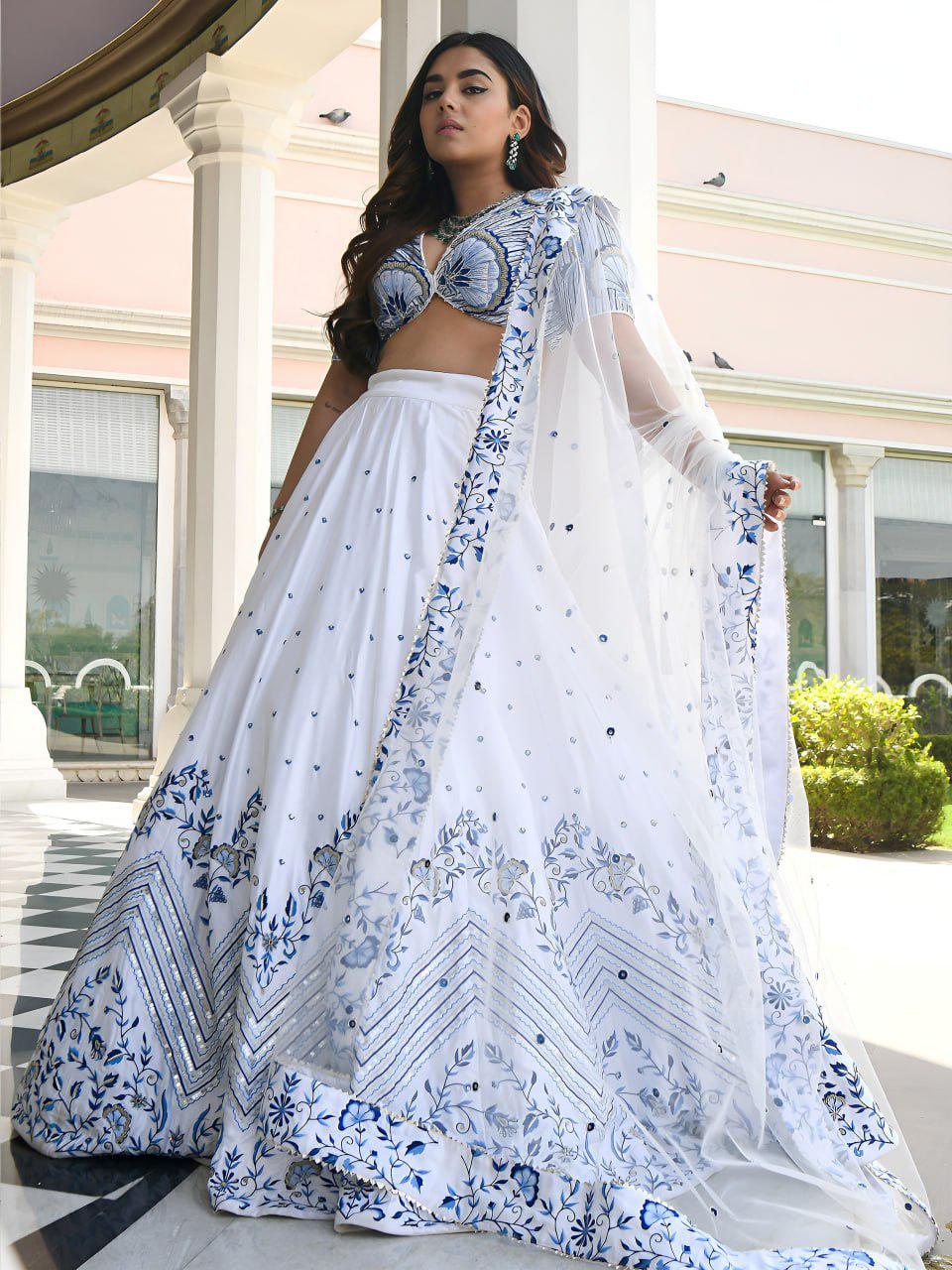 White Satin Lehenga Choli Set | Blue Floral Embroidery, Zari, Sequins, Net Dupatta