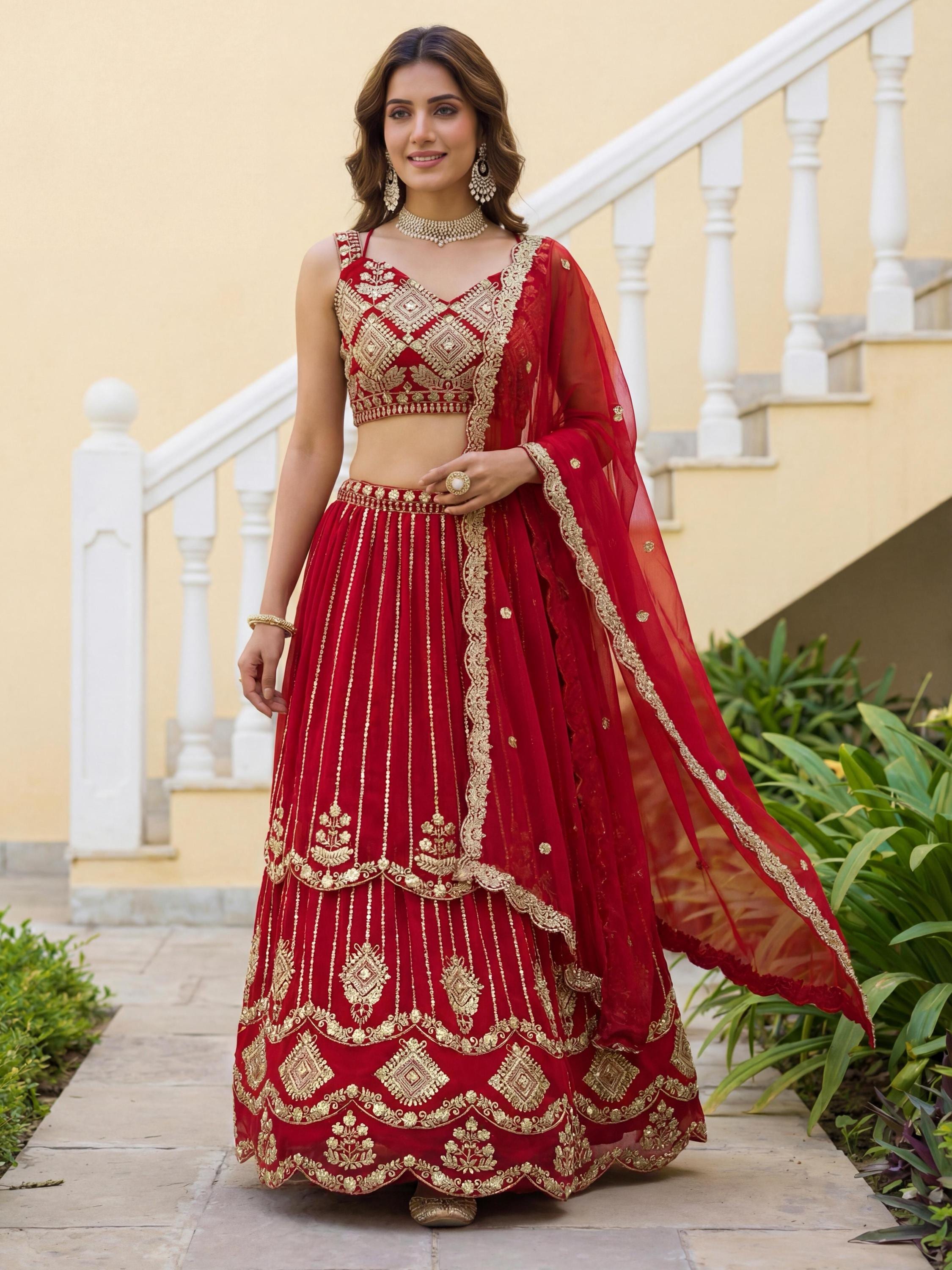 CxC Faux Georgette Lehenga Choli Set, Zari Sequin Embroidery, 3.5 Meter Flair (Semi Stitched)