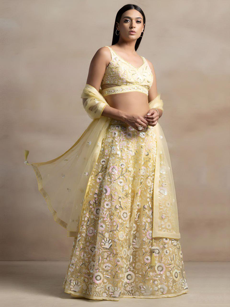 Pastel Yellow Soft Net Lehenga Choli | Floral Thread Sequins Embroidery (Semi-Stitched)