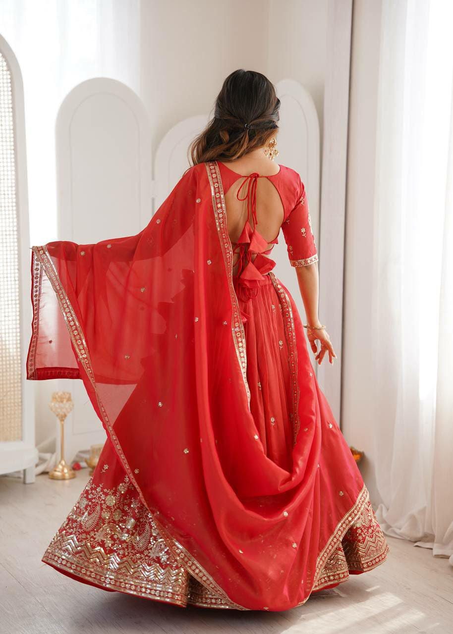 Heavy Shimmer Silk Lehenga Choli Set, Sequin Embroidery, Fully Stitched Wedding Outfit