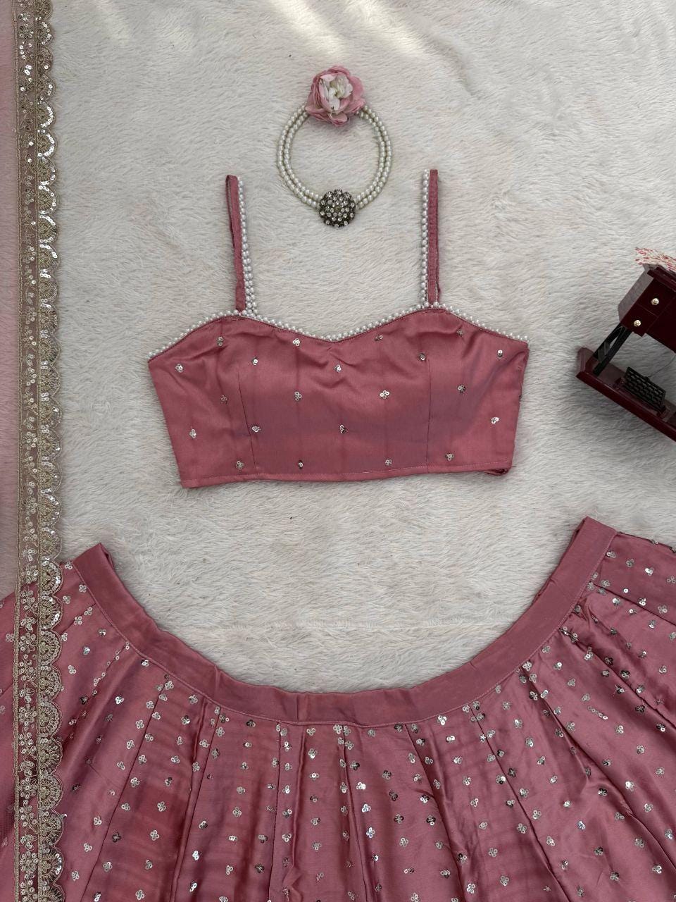Japan Satin Lehenga Choli Set, Sequins Dori Work, Bridal Wedding Party Wear Fully Stitched