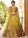 Mustard Gold Chinnon Lehenga Choli Set | Thread Sequin Embroidered Wedding Lehenga (Semi-Stitched)