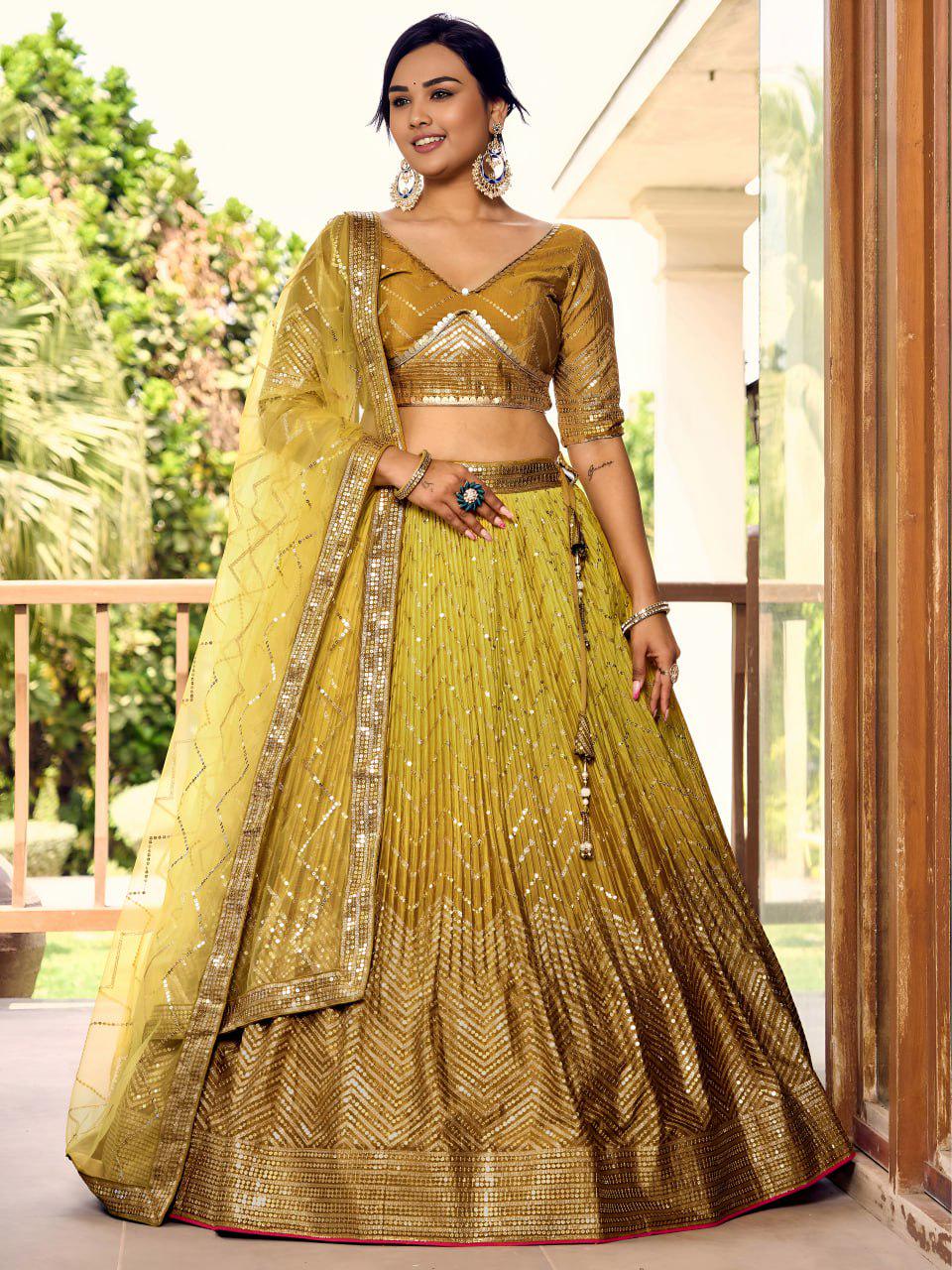 Mustard Gold Chinnon Lehenga Choli Set | Thread Sequin Embroidered Wedding Lehenga (Semi-Stitched)
