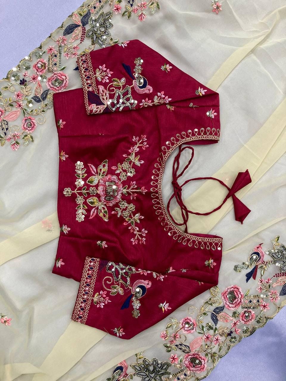 Embroidered Georgette Saree, Cutwork Border, Heavy Blouse, C-Pallu Wedding Wear