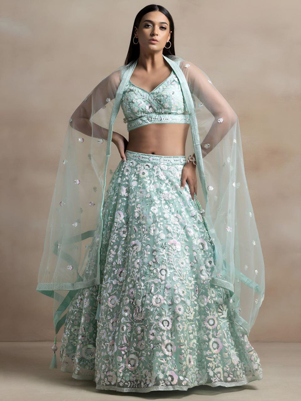 Aqua Blue Floral Embroidered Net Lehenga Choli Set | Semi-Stitched Wedding Outfit