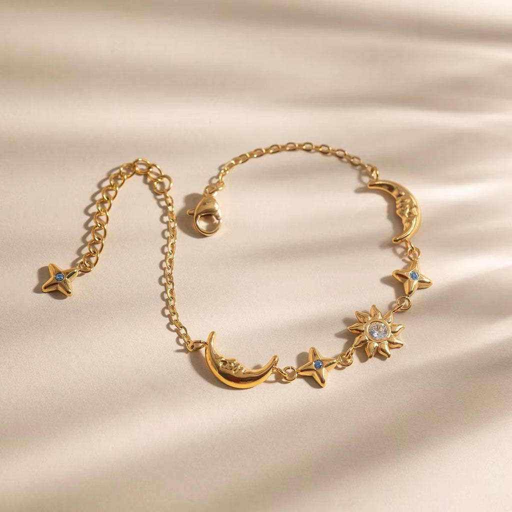 Gold Sun Moon Star Bracelet, Celestial Charm, Stainless Steel, Adjustable Astrology Jewelry